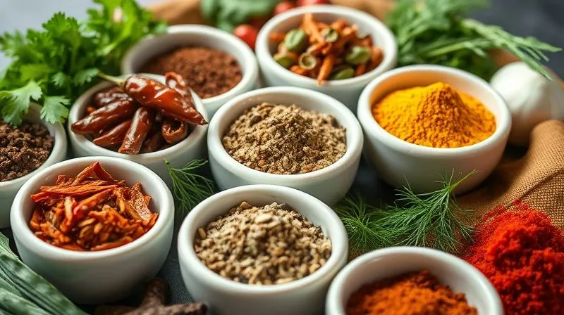 A vibrant, artfully arranged collection of various dried herbs and spices in small ceramic bowls, including chili flakes, smoked paprika, garlic powder, and fresh green herbs like parsley and dill, ready to be added to food. Photorealistic, professional photography, 8K, cinematic lighting, sharp focus, depth of field. Shot on a high-end DSLR.