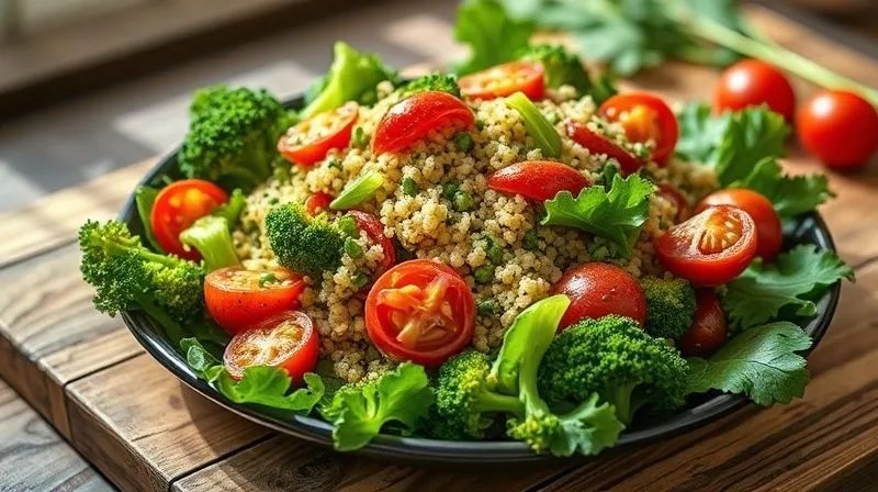 A beautifully plated, vibrant green broccoli and quinoa salad with cherry tomatoes, roasted red peppers, and a light lemon-herb dressing. The dish is presented on a rustic wooden table with natural light, emphasizing freshness and health. Photorealistic, professional photography, 8K, cinematic lighting, sharp focus, depth of field. Shot on a high-end DSLR.
