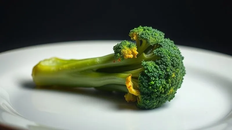 A sad, limp, and overcooked broccoli floret lying solitarily on a stark white plate, looking pale and unappetizing. The lighting is dim and unflattering, emphasizing its lack of vibrancy. Photorealistic, professional photography, 8K, cinematic lighting, sharp focus, depth of field. Shot on a high-end DSLR.