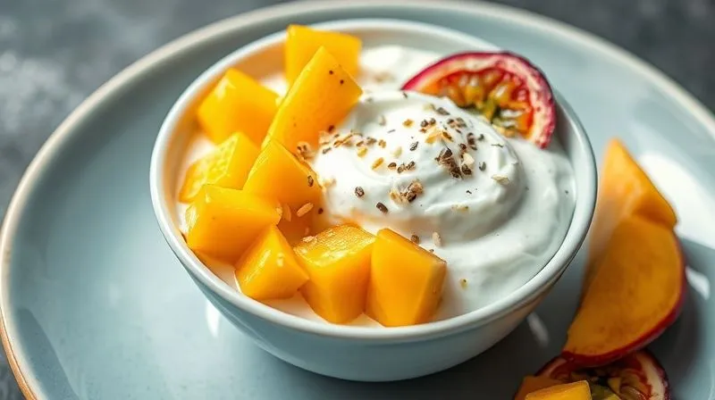 A vibrant bowl of Greek yogurt with fresh mango cubes, passion fruit pulp, toasted coconut flakes, and a sprinkle of chia seeds, presented on a light blue ceramic plate. Photorealistic, professional photography, 8K, cinematic lighting, sharp focus, depth of field, shot on a high-end DSLR.
