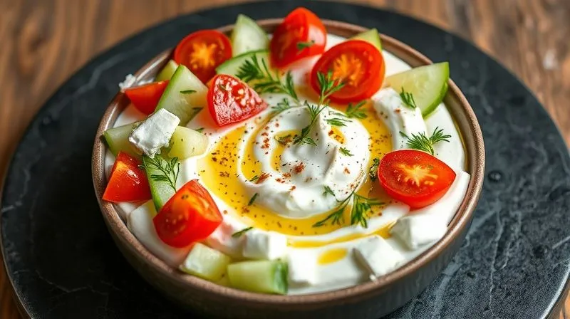 A savory Greek yogurt bowl topped with finely diced cucumber, cherry tomatoes, fresh dill, a drizzle of olive oil, and a sprinkle of za'atar spice, on a dark stone plate. Photorealistic, professional photography, 8K, cinematic lighting, sharp focus, depth of field, shot on a high-end DSLR.