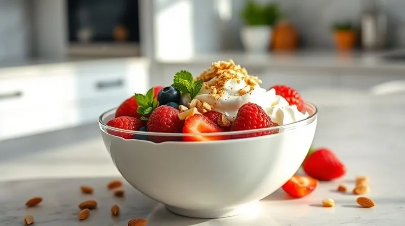 A photorealistic image of a vibrant breakfast bowl filled with thick Greek yogurt, generously topped with a scoop of vanilla protein powder, a handful of mixed berries, and a sprinkle of chopped almonds. The bowl is on a clean, modern kitchen counter, bathed in soft, natural light, emphasizing health and energy. 8K, cinematic lighting, sharp focus, depth of field, shot on a high-end DSLR.