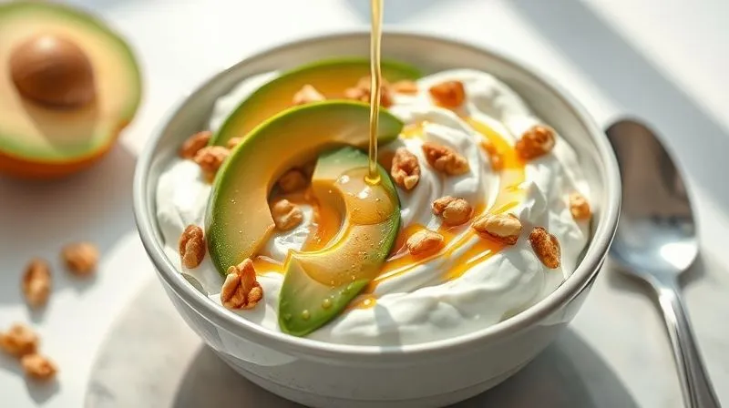 A photorealistic image of a beautifully styled breakfast bowl with creamy Greek yogurt, garnished with sliced avocado, a sprinkle of toasted walnuts, and a light drizzle of honey, suggesting a unique and healthy combination. The setting is bright and inviting, showcasing the textures and colors of the ingredients. 8K, cinematic lighting, sharp focus, depth of field, shot on a high-end DSLR.