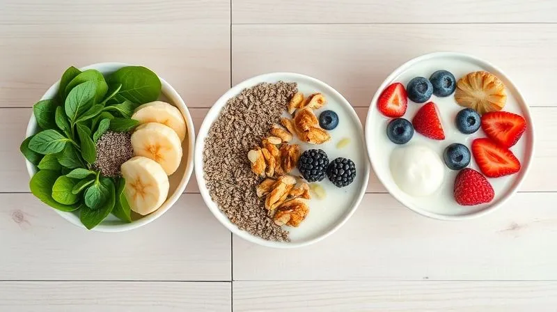 A photorealistic, professional photography of three distinct, aesthetically pleasing yogurt bowls, each with a creative and unexpected combination of ingredients: one with spinach, banana, and chia seeds; another with cocoa, peanut butter, and walnuts; and a third with lemon zest, berries, and a hint of vanilla protein powder. The bowls are arranged artfully on a light wooden background, showcasing diverse and appealing options for a satisfying breakfast. 8K, cinematic lighting, sharp focus, depth of field, shot on a high-end DSLR.