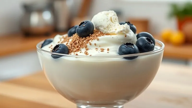 photorealistic, professional photography, 8K, cinematic lighting, sharp focus, depth of field, shot on a high-end DSLR of a glass bowl filled with natural Greek yogurt, topped with a generous sprinkle of chia seeds, ground flaxseed, fresh blueberries, and a scoop of vanilla protein powder, against a soft, blurred background of a healthy kitchen.