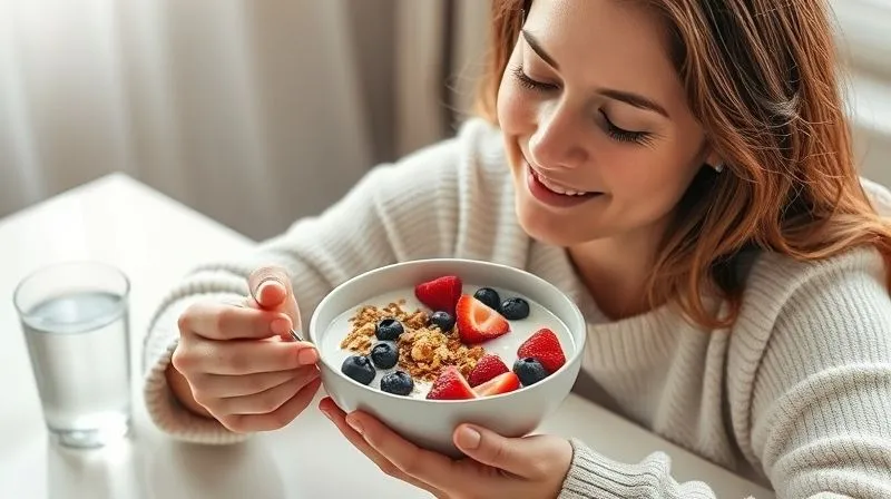 photorealistic, professional photography, 8K, cinematic lighting, sharp focus, depth of field, shot on a high-end DSLR of a woman peacefully enjoying a bowl of yogurt with berries and granola, sitting at a clean, minimalist table with a glass of water nearby, bathed in soft morning light. Her expression is calm and content, reflecting mindful eating.