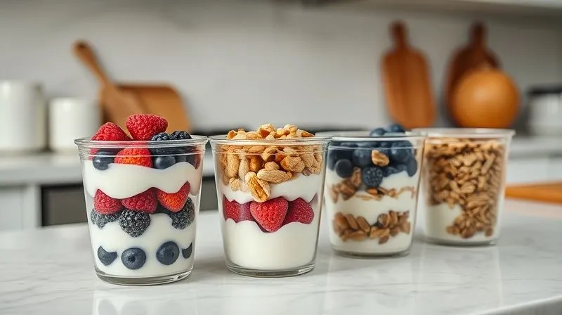 photorealistic, professional photography, 8K, cinematic lighting, sharp focus, depth of field, shot on a high-end DSLR of a clean kitchen counter with several glass meal prep containers, each filled with pre-portioned yogurt, berries, nuts, and seeds, ready for a week of healthy breakfasts. The scene is organized and inviting, suggesting ease and efficiency.