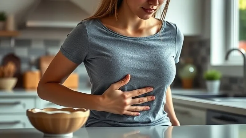photorealistic, professional photography, 8K, cinematic lighting, sharp focus, depth of field, shot on a high-end DSLR image of a woman gently pressing her hand to her stomach, with a thoughtful expression, in a bright, modern kitchen. A bowl of healthy yogurt is on the counter, slightly out of focus. The image conveys introspection and self-awareness regarding one's body and diet.