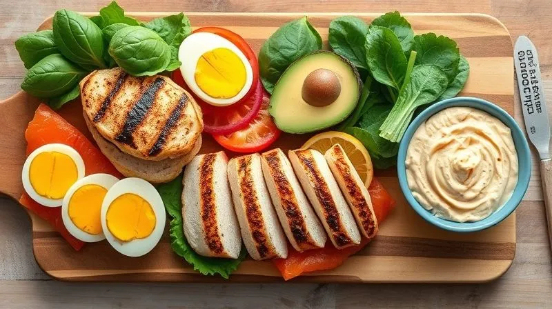 A vibrant, photorealistic top-down shot of a wooden cutting board laden with an array of colorful, protein-rich sandwich ingredients: perfectly grilled chicken breast slices, hard-boiled egg halves, smoked salmon, creamy avocado, fresh spinach, and a bowl of homemade hummus. Soft, natural light illuminates the scene, highlighting the textures and freshness of each component. 8K hyper-detailed, professional photography, sharp focus, depth of field, shot on a high-end DSLR.