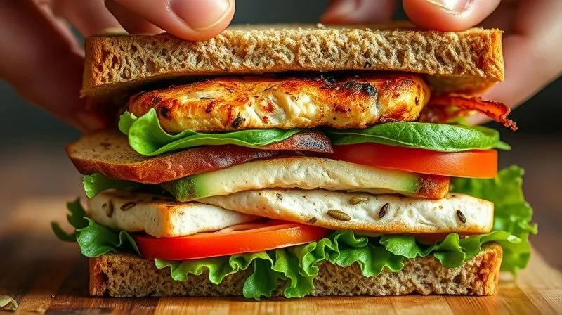A close-up, photorealistic image of a perfectly constructed, multi-layered whole-grain sandwich being gently pressed together, showcasing the rich textures and vibrant colors of its fillings: grilled chicken, crisp lettuce, juicy tomato, creamy avocado, and a sprinkle of seeds. The focus is sharp on the sandwich, with cinematic lighting emphasizing its freshness and inviting appeal. 8K hyper-detailed, professional photography, depth of field blurring the background, shot on a high-end DSLR.