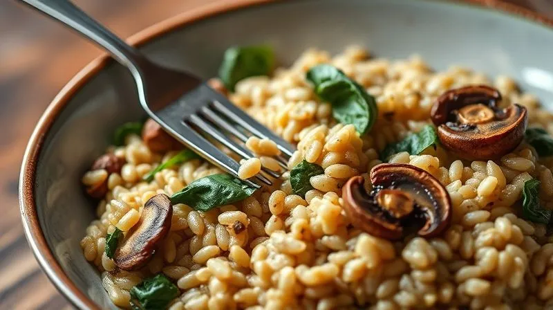A photorealistic, professional photography, 8K, cinematic lighting, sharp focus, depth of field, shot on a high-end DSLR, showing a beautifully plated, steaming bowl of savory barley risotto with wild mushrooms and spinach. A fork is gently resting in the dish, suggesting a delicious and satisfying meal. The lighting is warm and inviting, highlighting the rich textures and earthy colors of the ingredients.