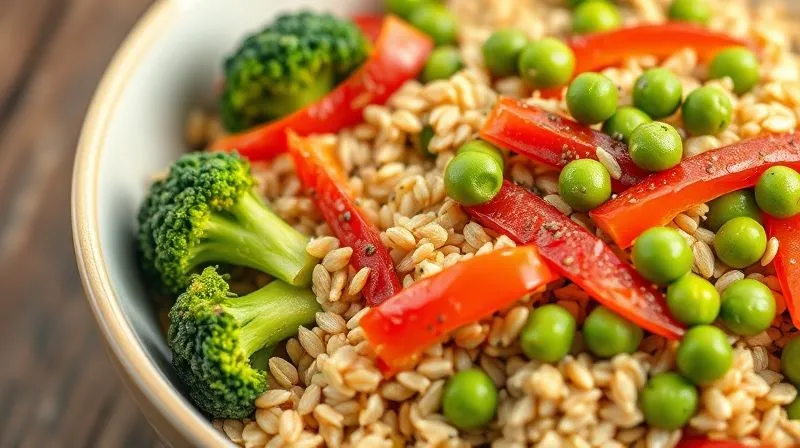 Photorealistic close-up of a bowl of barley groats mixed with vibrant, colorful vegetables like broccoli florets, red bell pepper strips, and green peas, garnished with a sprinkle of chia seeds, sharp focus, depth of field, natural daylight, 8K, professional food photography.