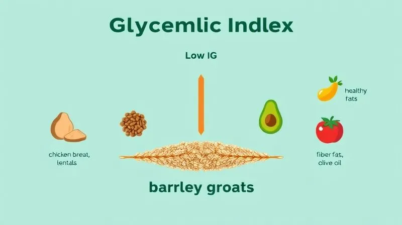 A visually appealing infographic showing the glycemic index scale, with barley groats highlighted in the low IG section, surrounded by icons representing protein sources (chicken breast, lentils), healthy fats (avocado, olive oil), and fiber-rich vegetables. Clean, modern design, professional, 8K, data visualization.