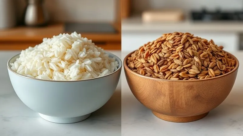 A side-by-side comparison, photorealistic, of two bowls of rice groats. One bowl contains fluffy, white processed rice groats, while the other holds darker, textured brown rice groats. Cinematic lighting highlights the textural differences and natural colors, set on a clean kitchen counter. Sharp focus on both bowls, depth of field blurring the background. 8K hyper-detailed, professional photography, shot on a high-end DSLR.