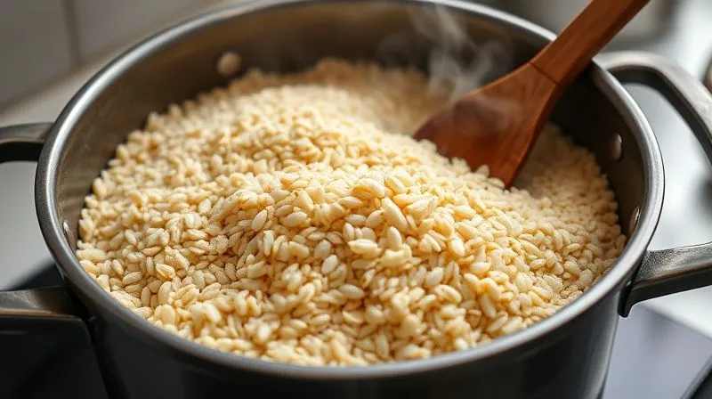 A close-up, photorealistic image of a steaming pot of rice groats being stirred, with visible steam rising. The focus is on the texture of the groats and the simple, clean cooking process, emphasizing healthy preparation. Cinematic lighting highlights the textural differences and natural colors, set on a clean kitchen counter. Sharp focus, depth of field. 8K hyper-detailed, professional photography, shot on a high-end DSLR.