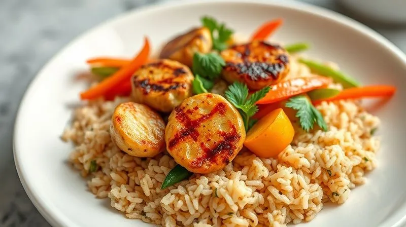 A beautifully styled, photorealistic bowl of savory rice groats with grilled chicken and colorful stir-fried vegetables, presented on a minimalist white plate. The dish is vibrant and fresh, with cinematic lighting emphasizing the textures. Sharp focus on the food, depth of field blurring the background. 8K hyper-detailed, professional photography, shot on a high-end DSLR.