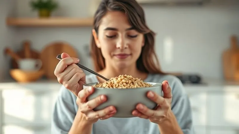 A person mindfully eating a bowl of healthy rice groats, with soft, natural light illuminating their focused, calm expression. The setting is a serene, minimalist kitchen, emphasizing a moment of peace and healthy living. Sharp focus on the person and the bowl, depth of field blurring the background. 8K hyper-detailed, professional photography, shot on a high-end DSLR.