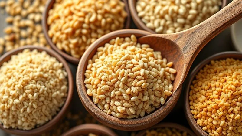 photorealistic, professional photography, 8K, cinematic lighting, sharp focus, depth of field, shot on a high-end DSLR, a beautiful variety of dry groats (quinoa, bulgur, millet, buckwheat) arranged in separate small bowls, with a rustic wooden spoon, evoking health and natural ingredients.