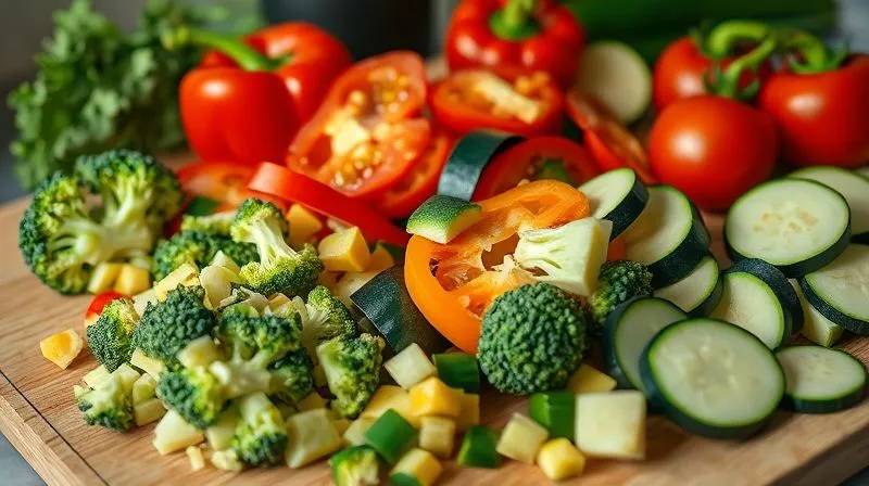 photorealistic, professional photography, 8K, cinematic lighting, sharp focus, depth of field, shot on a high-end DSLR, a colorful medley of fresh, chopped vegetables (broccoli florets, red bell peppers, zucchini slices, cherry tomatoes) arranged artistically on a cutting board, ready for cooking, conveying freshness and health.