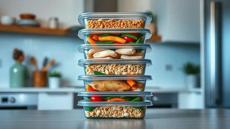 photorealistic, professional photography, 8K, cinematic lighting, sharp focus, depth of field, shot on a high-end DSLR, several transparent meal prep containers neatly stacked in a modern, clean kitchen, each filled with a different, appealing chicken and groat dish, ready for the week, symbolizing organization and healthy habits.