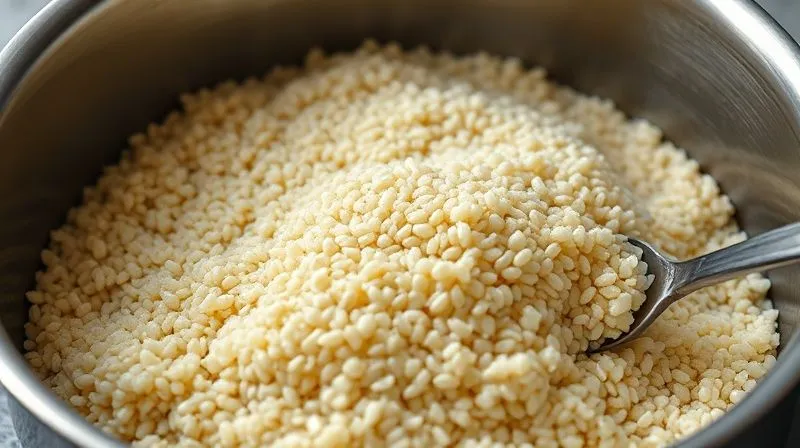 A close-up shot of perfectly cooked, fluffy quinoa grains in a stainless steel pot, steam gently rising, with a measurement cup beside it, illustrating precision in cooking. photorealistic, professional photography, 8K, cinematic lighting, sharp focus, depth of field, shot on a high-end DSLR.