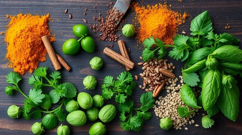A vibrant assortment of fresh herbs (basil, cilantro, mint, parsley) and colorful spices (turmeric, paprika, cumin seeds) artfully arranged on a dark wooden board, ready for cooking. photorealistic, professional photography, 8K, cinematic lighting, sharp focus, depth of field, shot on a high-end DSLR.