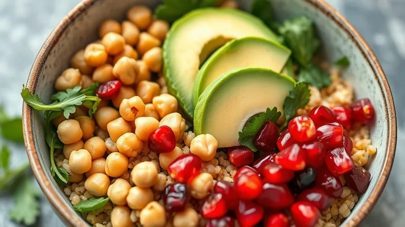 A visually appealing bowl of a healthy grain salad, showcasing diverse textures: crunchy roasted chickpeas, creamy avocado slices, and vibrant fresh pomegranate seeds mixed with grains and greens. The composition is dynamic and appetizing. photorealistic, professional photography, 8K, cinematic lighting, sharp focus, depth of field, shot on a high-end DSLR.