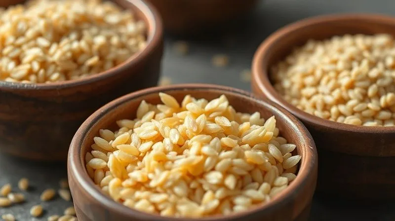 A close-up, photorealistic, professional photography shot of three small bowls, each containing a different type of perfectly cooked grain: fluffy quinoa, golden millet, and light buckwheat. The grains are slightly steaming, with cinematic lighting emphasizing their textures and natural colors. Sharp focus on the grains, with a shallow depth of field. 8K hyper-detailed, shot on a high-end DSLR.