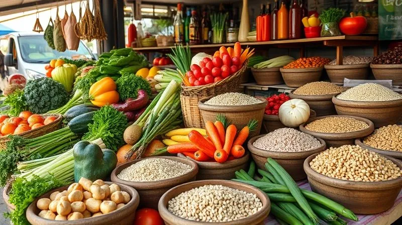 Photorealistic, professional photography, 8K, cinematic lighting, sharp focus, depth of field, shot on a high-end DSLR. A vibrant, colorful farmers market stall overflowing with fresh, organic vegetables and various types of grains in rustic bowls, bathed in natural morning light. The image evokes freshness and quality.