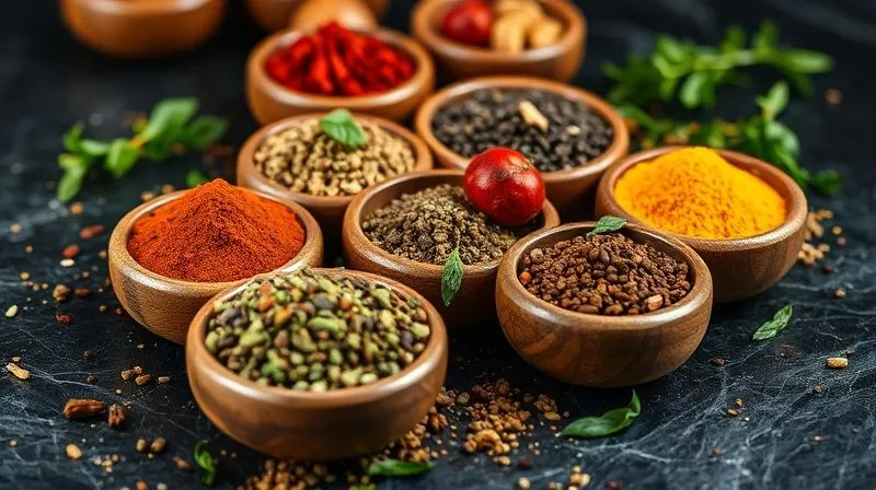Photorealistic, professional photography, 8K, cinematic lighting, sharp focus, depth of field, shot on a high-end DSLR. A close-up shot of various colorful spices in small wooden bowls, arranged aesthetically on a dark stone surface, with fresh herbs scattered around. The light emphasizes the textures and vibrant colors of the spices.