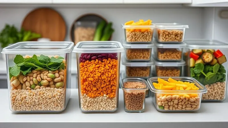 Photorealistic, professional photography, 8K, cinematic lighting, sharp focus, depth of field, shot on a high-end DSLR. A neatly organized kitchen counter with various meal prep containers filled with colorful, healthy grain and vegetable dishes, ready for the week. The scene is clean, bright, and inspiring, conveying a sense of efficiency and healthy living.
