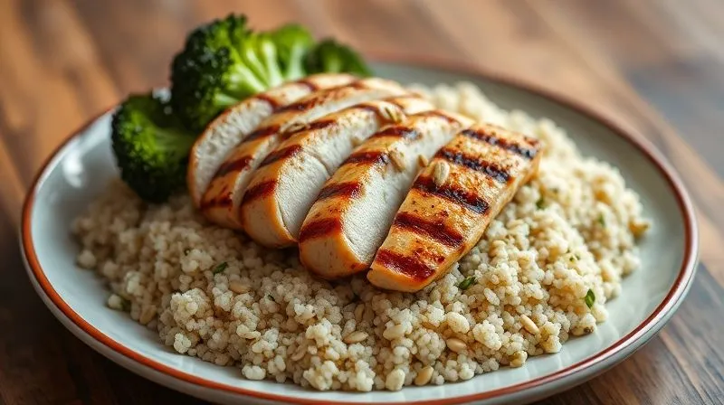 photorealistic, professional photography, 8K, cinematic lighting, sharp focus, depth of field, shot on a high-end DSLR, a beautifully arranged plate with a generous portion of quinoa, topped with grilled chicken breast slices, roasted broccoli florets, and a sprinkle of toasted pumpkin seeds, steam gently rising, emphasizing a healthy, protein-rich meal.