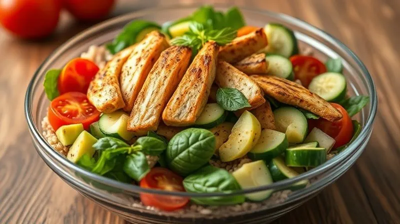 photorealistic, professional photography, 8K, cinematic lighting, sharp focus, depth of field, shot on a high-end DSLR, a vibrant, fresh salad in a glass bowl, featuring millet (kasza jaglana), grilled chicken strips, colorful cherry tomatoes, cucumber slices, fresh spinach leaves, and avocado cubes, with a light lemon dressing, emphasizing freshness, health, and a balanced meal.