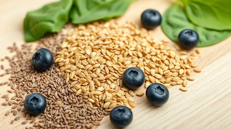 A close-up, photorealistic, professional photography, 8K, cinematic lighting, sharp focus, depth of field, shot on a high-end DSLR, of a variety of fiber-rich ingredients commonly added to smoothies: chia seeds, flax seeds, rolled oats, fresh spinach leaves, and a handful of blueberries, artfully arranged on a light wooden surface to emphasize their natural textures and colors. The image conveys health and wholesome nutrition.