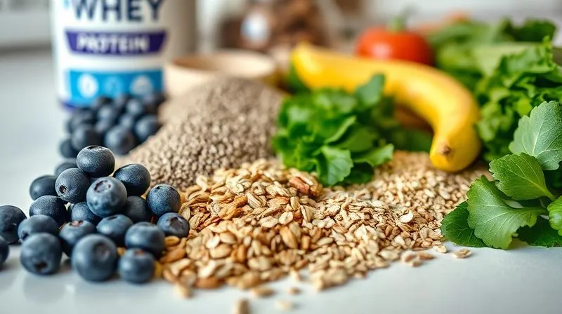 A vibrant, photorealistic, professional photography, 8K, cinematic lighting, sharp focus, depth of field, shot on a high-end DSLR, of a variety of colorful and healthy smoothie ingredients laid out on a clean kitchen counter. This includes fresh blueberries, various seeds (chia, flax), different types of protein powder (whey, plant-based), nuts, oats, and leafy greens. The composition emphasizes choice and customization, with a sense of fresh, natural abundance.