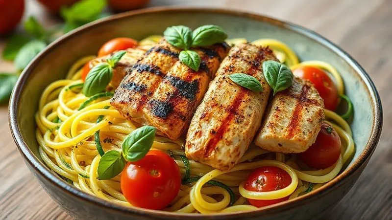 Photorealistic image of a vibrant bowl of zucchini noodles with grilled chicken breast, cherry tomatoes, and fresh basil, 8K, cinematic lighting, sharp focus.