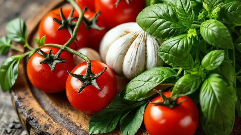 Photorealistic close-up of fresh basil leaves, garlic cloves, and cherry tomatoes on a rustic wooden board, ready for cooking, 8K, cinematic lighting, sharp focus.