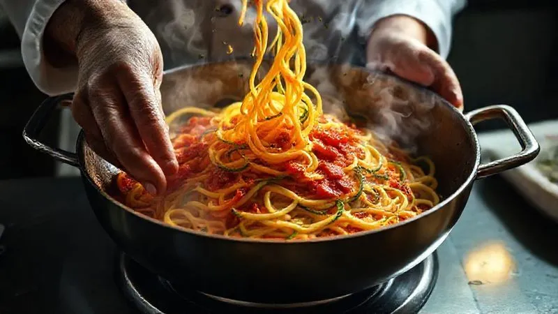 Photorealistic image of a chef's hands gently tossing zucchini noodles with a vibrant red tomato sauce in a large pan, steam rising, high-angle shot, 8K, cinematic lighting.