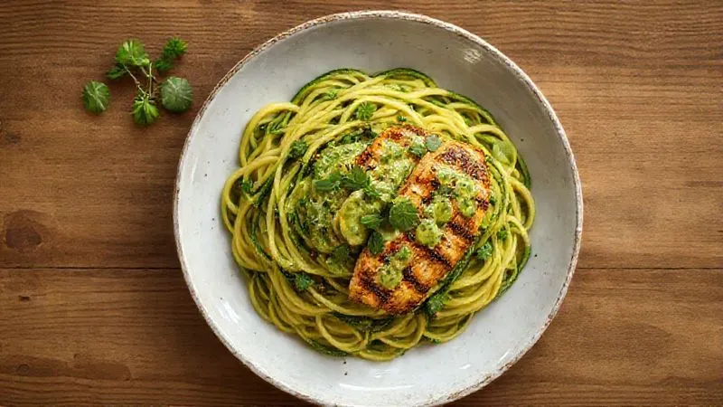 Photorealistic top-down shot of a beautifully presented dish of zucchini pasta with avocado-pesto sauce and grilled chicken, garnished with fresh herbs, on a wooden table, 8K, cinematic lighting.