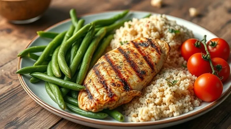 A beautifully arranged plate featuring blanched green beans, a perfectly grilled chicken breast, a portion of fluffy quinoa, and vibrant cherry tomatoes, all expertly seasoned. Professional photography, 8K, cinematic lighting, sharp focus, depth of field.