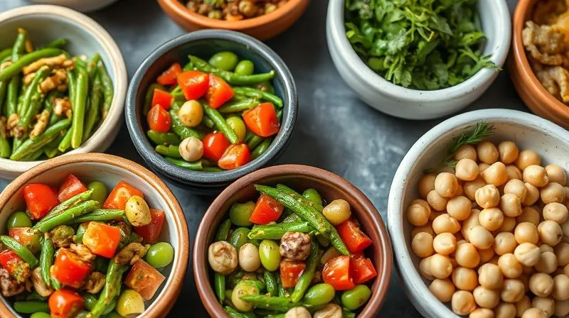 A vibrant, diverse collage of small, beautifully styled bowls, each containing a unique variation of a green bean dish: one with an Asian twist (ginger, soy), another Mediterranean (tomatoes, herbs), and a third as a fresh salad with chickpeas. Professional photography, 8K, cinematic lighting, sharp focus, depth of field.