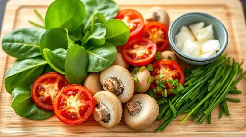 photorealistic, professional photography of a vibrant selection of fresh omelet ingredients: bright green spinach leaves, sliced crimson cherry tomatoes, golden mushrooms, finely chopped chives, and a small bowl of cracked egg whites, all arranged artfully on a light wooden cutting board. Cinematic lighting, sharp focus, depth of field, 8K, shot on a high-end DSLR, healthy, colorful, inviting.
