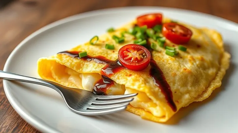 photorealistic, professional photography of a gourmet-plated egg white omelet, beautifully folded and garnished with a sprinkle of fresh green chives, a few vibrant cherry tomato halves, and a drizzle of balsamic glaze. The omelet is served on a minimalist white plate, with a fork gently resting beside it. Cinematic lighting, sharp focus on the omelet, depth of field blurring the background, 8K, shot on a high-end DSLR, elegant, healthy, appetizing.