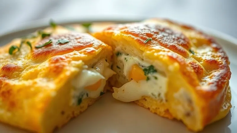 A close-up, photorealistic image of a perfectly cooked, golden-brown fluffy omelet, gently cut open to reveal a rich, creamy interior with visible pieces of cottage cheese and egg white, garnished with fresh herbs. The texture is inviting and satisfying. professional photography, 8K, cinematic lighting, sharp focus, depth of field, shot on a high-end DSLR.