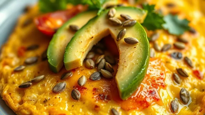 A photorealistic, vibrant close-up of a vegetable omelet garnished with thin slices of fresh avocado and a sprinkle of pumpkin seeds. The colors are rich, and the textures are inviting. professional photography, 8K, cinematic lighting, sharp focus, depth of field, shot on a high-end DSLR.