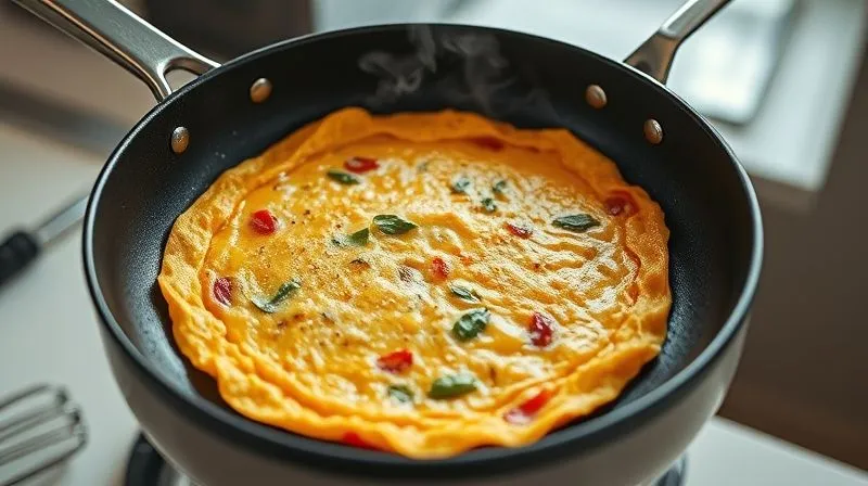 A photorealistic shot from above of a circular, perfectly golden-brown omelet being gently slid from a non-stick pan onto a white plate, steam still rising. The omelet is visibly thick and filled with colorful, tender-crisp vegetables. The background is a clean, modern kitchen. professional photography, 8K, cinematic lighting, sharp focus, depth of field, shot on a high-end DSLR.