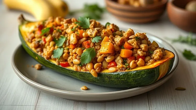 A photorealistic, professional photography, 8K image of a beautifully roasted zucchini boat overflowing with a rich, colorful vegan filling made of lentils, crumbled tofu, and finely diced vegetables, garnished with fresh parsley and a sprinkle of toasted pumpkin seeds. The dish is presented on a minimalist ceramic plate on a light wooden surface, with soft, natural light emphasizing its textures. Sharp focus on the food, depth of field blurring a subtle background of cooking ingredients. Shot on a high-end DSLR, conveying health, abundance, and culinary artistry.