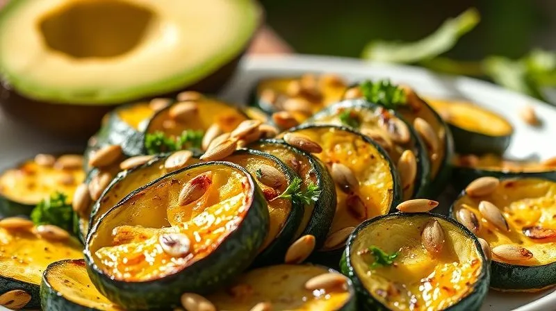 A photorealistic, professional photography, 8K image of a vibrant, healthy meal featuring perfectly roasted zucchini slices drizzled with high-quality extra virgin olive oil and sprinkled with toasted pumpkin seeds and fresh herbs. A sliced avocado half is visible in the background, subtly out of focus. The scene is bathed in bright, natural light, emphasizing freshness and healthy fats. Sharp focus on the zucchini, with a gentle depth of field. Shot on a high-end DSLR, conveying a sense of well-being and deliciousness.