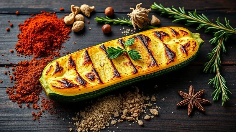 A photorealistic, professional photography, 8K image of various vibrant fresh herbs and colorful spices artfully arranged around a perfectly roasted zucchini slice on a dark wooden board. The spices include smoked paprika, cumin, dried oregano, and fresh sprigs of rosemary and thyme. Cinematic lighting highlights the textures and rich colors of the ingredients. Sharp focus on the spices and herbs, with a subtle depth of field. Shot on a high-end DSLR, conveying aromatic richness and culinary inspiration.