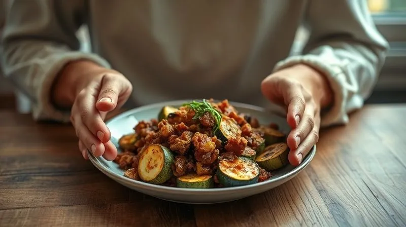 A photorealistic, professional photography, 8K image of a person's hands gently holding a beautifully prepared plate of roasted zucchini with a rich vegan filling, set on a rustic wooden table. The focus is on the mindful act of savoring the meal. Soft, warm cinematic lighting from a window casts a gentle glow. Sharp focus on the hands and plate, with a subtle depth of field blurring the background. Shot on a high-end DSLR, conveying peace, nourishment, and conscious eating.